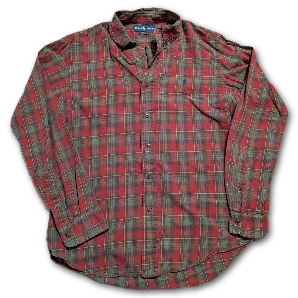 Ralph Lauren Mens M Button-Down Shirt Red Custom Fit Plaid Pony 100% Cotton